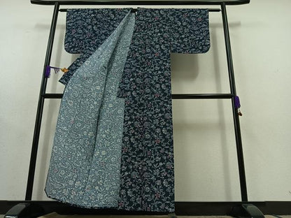 平和屋着物▽上質な紬 単衣 草花文 正絹 逸品 AABC1699jh