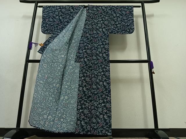 平和屋着物▽上質な紬 単衣 草花文 正絹 逸品 AABC1699jh