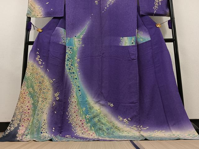 平和屋着物▽訪問着 単衣 草花文 暈し染め 金彩 金通し地 ロング丈 正絹 逸品 AABC1701jh