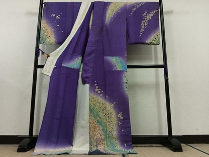 平和屋着物▽訪問着 単衣 草花文 暈し染め 金彩 金通し地 ロング丈 正絹 逸品 AABC1701jh
