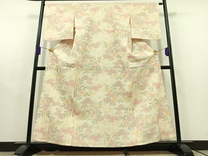 平和屋着物▽本塩沢 単衣 草花文 正絹 逸品 AABC1703jh
