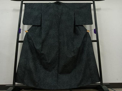 平和屋着物▽上質な紬 単衣 草葉文 正絹 逸品 AABC1704jh