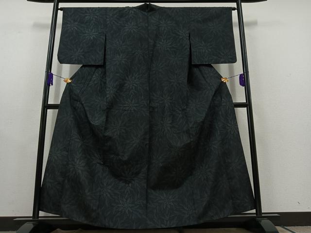 平和屋着物▽上質な紬 単衣 草葉文 正絹 逸品 AABC1704jh