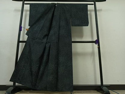 平和屋着物▽上質な紬 単衣 草葉文 正絹 逸品 AABC1704jh
