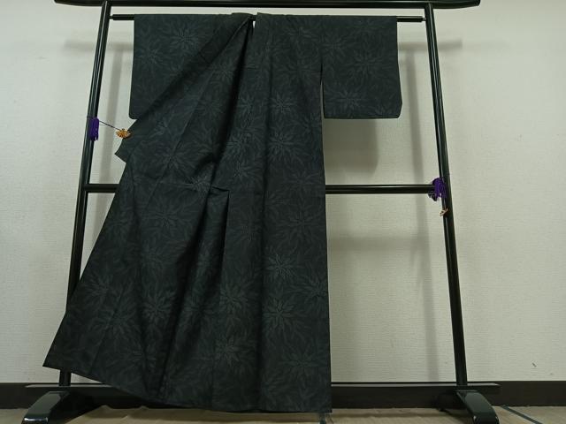 平和屋着物▽上質な紬 単衣 草葉文 正絹 逸品 AABC1704jh
