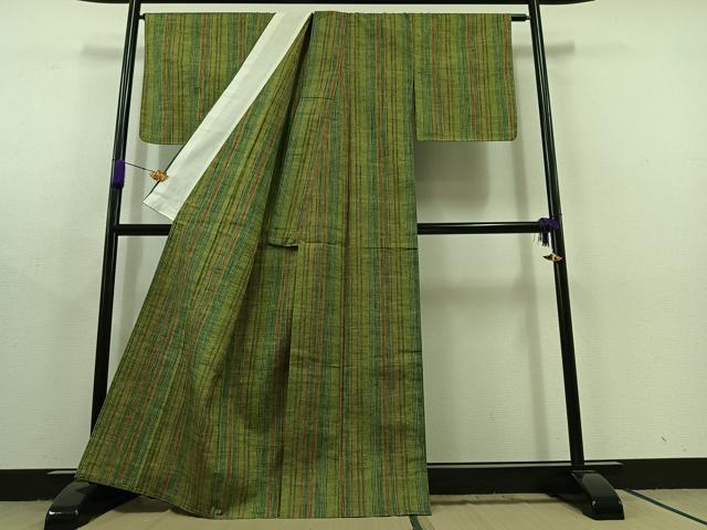 平和屋着物▽上質な紬　単衣　縞　正絹　逸品　AABC1707jh
