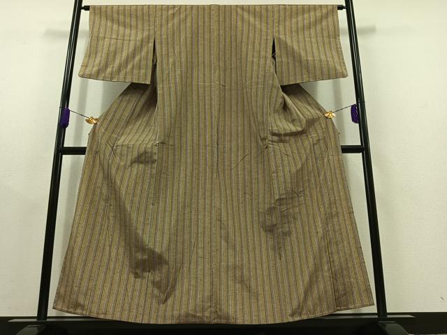 平和屋着物▽上質な紬 単衣 縞 正絹 逸品 AABC1708jh