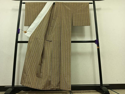 平和屋着物▽上質な紬 単衣 縞 正絹 逸品 AABC1708jh