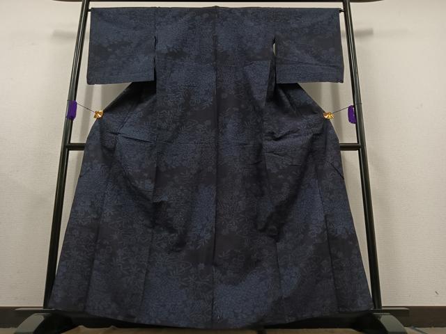平和屋着物▽結城紬 単衣 草花文 正絹 逸品 AABC1709jh