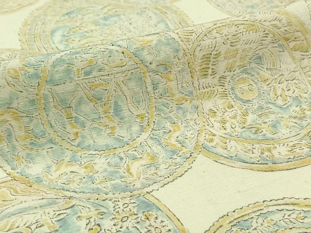 平和屋着物▽上質な紬 単衣 鳥獣花丸文 正絹 逸品 AABC1712jh