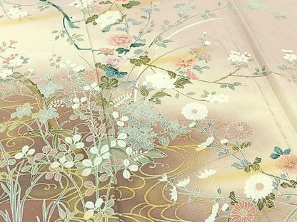 平和屋着物▽訪問着 単衣 草花文 暈し染め 金彩 正絹 逸品 AABC1714jh