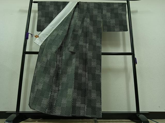 平和屋着物▽小紋 単衣 舞花文 黒地 洗える着物 AABC1716jh