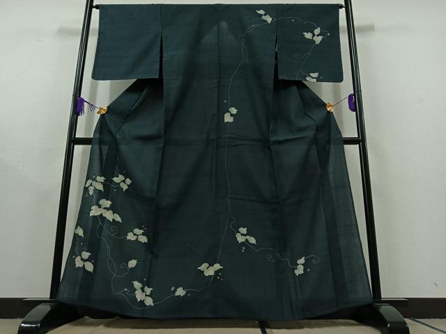 平和屋着物▽訪問着 単衣 紬地 一珍染 唐草文 正絹 逸品 AABC1720jh