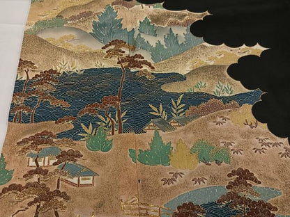 平和屋着物●豪華黒留袖 刺繍 浜松風景文 金彩 三越扱い 正絹 逸品 AABC1726ph