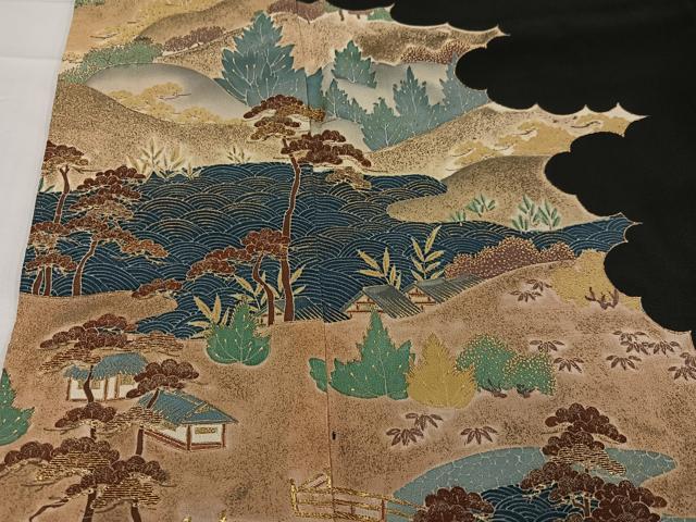 平和屋着物●豪華黒留袖 刺繍 浜松風景文 金彩 三越扱い 正絹 逸品 AABC1726ph