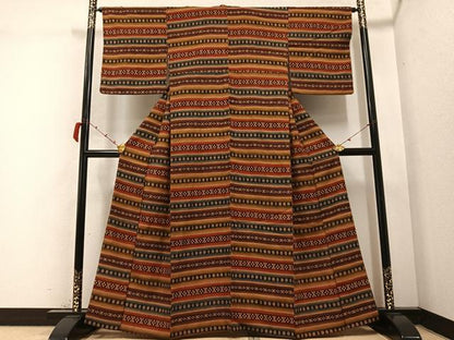 平和屋着物●上質な小紋 紬地 横段花文 正絹 逸品 AABC1744ph