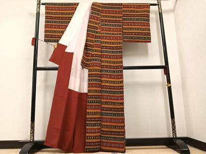 平和屋着物●上質な小紋 紬地 横段花文 正絹 逸品 AABC1744ph