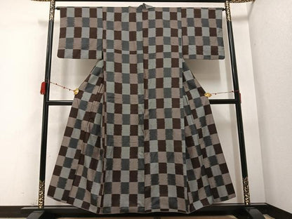 平和屋着物●上質な紬 市松文様 正絹 逸品 AABC1745ph