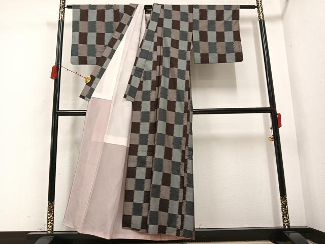 平和屋着物●上質な紬 市松文様 正絹 逸品 AABC1745ph