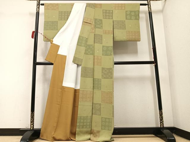 平和屋着物●上質な小紋　市松花文　正絹　逸品　AABC1768ph
