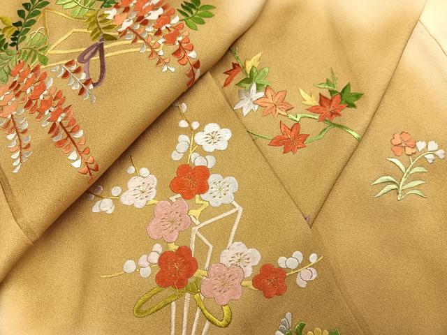 平和屋着物●訪問着　刺繍　草花文　暈し染め　金糸　正絹　逸品　AABC1787ph