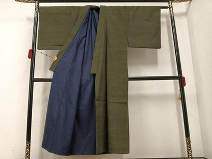 平和屋着物●男性　結城紬　色無地　藍海松茶色　正絹　逸品　AABC1788ph