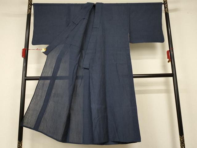 平和屋着物＊夏物 男性 本場小千谷ちぢみ 色無地 藍鉄色 麻 逸品 AABC1816jd