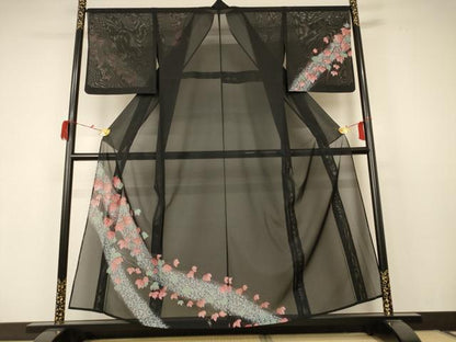 平和屋着物＊夏物 小紋 絽 蔦の葉文 洗える着物 AABC1828jd