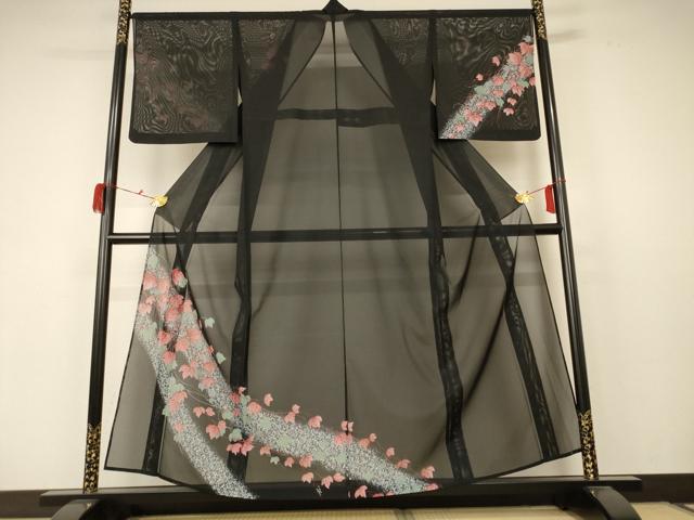 平和屋着物＊夏物 小紋 絽 蔦の葉文 洗える着物 AABC1828jd