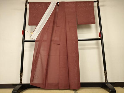 平和屋着物＊夏物 色無地 絽 流水紋紗 赤褐色 洗える着物 AABC1829jd