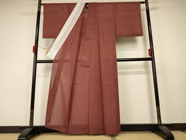 平和屋着物＊夏物 色無地 絽 流水紋紗 赤褐色 洗える着物 AABC1829jd