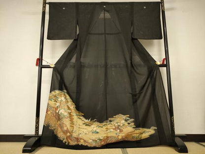 平和屋着物＊夏物　黒留袖　絽　花車文　金彩　洗える着物　AABC1844jd