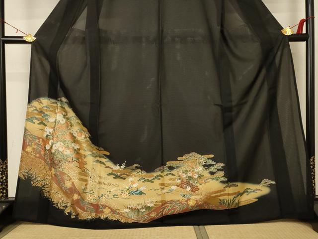 平和屋着物＊夏物　黒留袖　絽　花車文　金彩　洗える着物　AABC1844jd