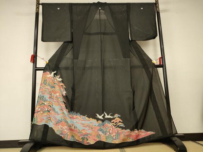 平和屋着物＊夏物 黒留袖 絽 駒刺繍 風景舞鶴文 正絹 逸品 AABC1846jd
