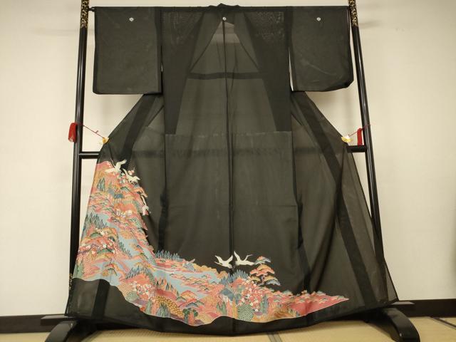 平和屋着物＊夏物 黒留袖 絽 駒刺繍 風景舞鶴文 正絹 逸品 AABC1846jd