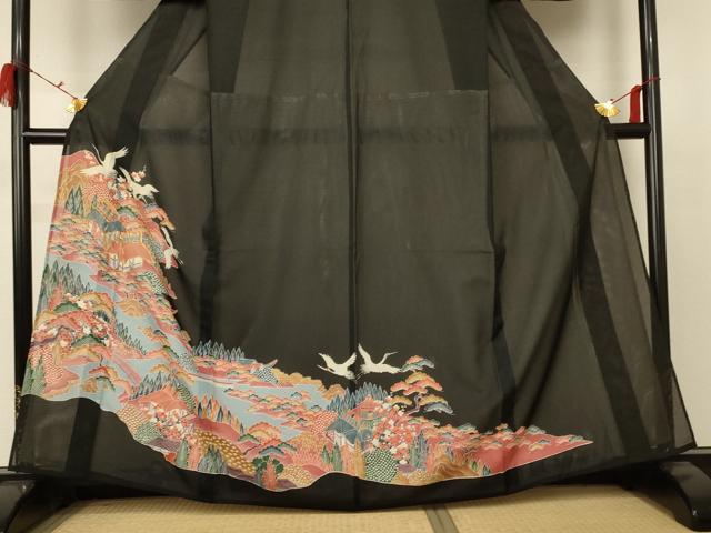 平和屋着物＊夏物 黒留袖 絽 駒刺繍 風景舞鶴文 正絹 逸品 AABC1846jd
