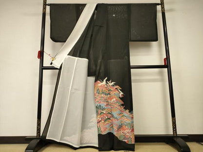 平和屋着物＊夏物 黒留袖 絽 駒刺繍 風景舞鶴文 正絹 逸品 AABC1846jd