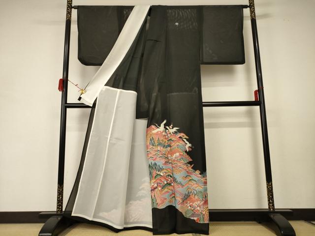 平和屋着物＊夏物 黒留袖 絽 駒刺繍 風景舞鶴文 正絹 逸品 AABC1846jd