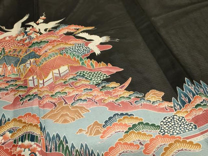 平和屋着物＊夏物 黒留袖 絽 駒刺繍 風景舞鶴文 正絹 逸品 AABC1846jd