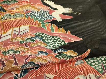平和屋着物＊夏物 黒留袖 絽 駒刺繍 風景舞鶴文 正絹 逸品 AABC1846jd