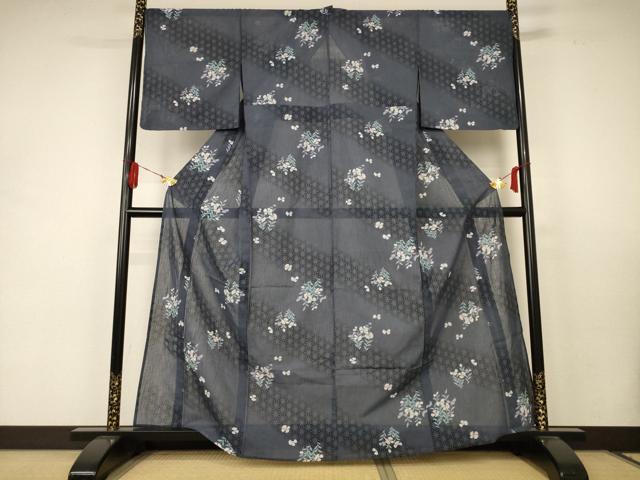 平和屋着物＊夏物 小紋 紗 草花文 洗える着物 AABC1854jd