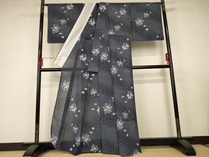 平和屋着物＊夏物 小紋 紗 草花文 洗える着物 AABC1854jd