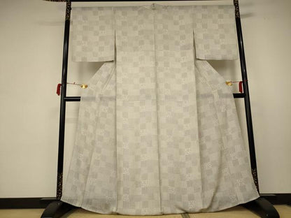 平和屋着物＊夏物 小紋 縦絽 市松文様 正絹 逸品 AABC1877jd
