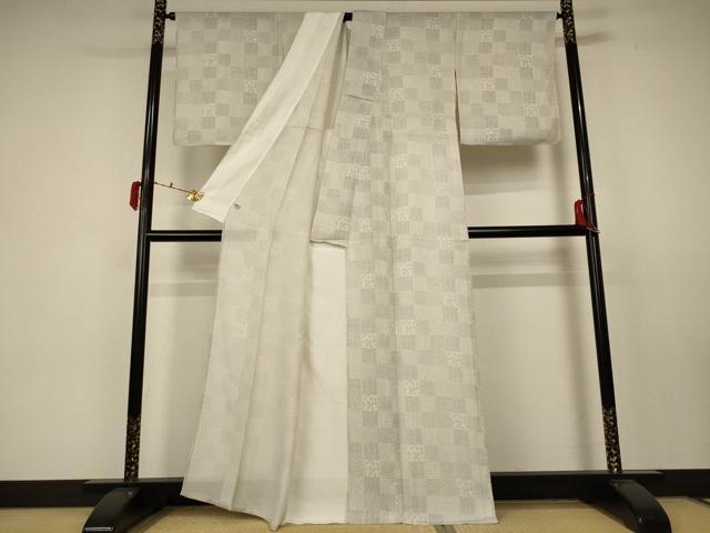 平和屋着物＊夏物 小紋 縦絽 市松文様 正絹 逸品 AABC1877jd