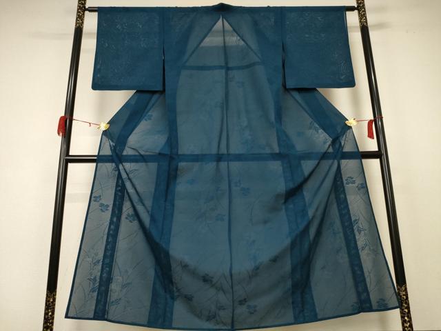 平和屋着物＊夏物　色無地　絽　草花文紗　高麗納戸色　正絹　逸品　AABC1883jd