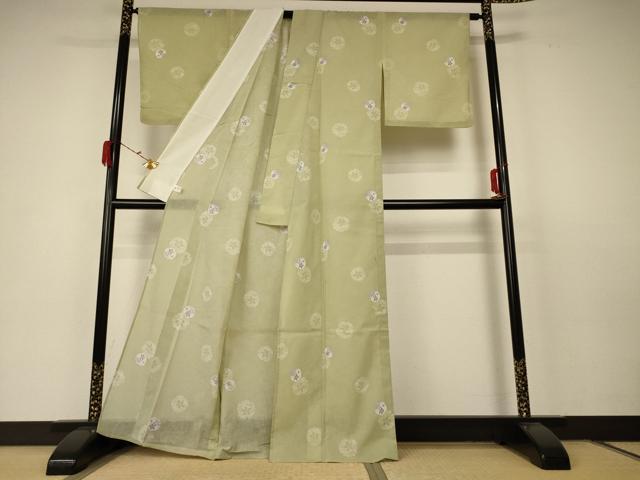 平和屋着物＊夏物 小紋 紗 雪輪桜文 洗える着物 AABC1908jd