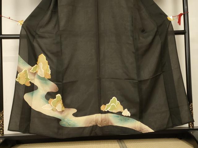 平和屋着物＊夏物 黒留袖 絽 駒刺繍 風景文 金彩 正絹 逸品 AABC1916jd