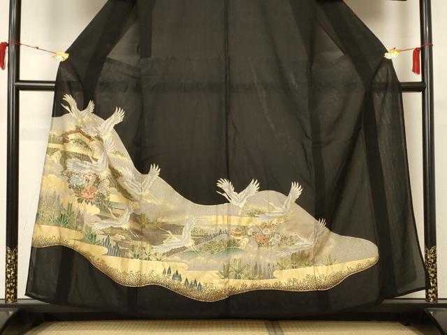 平和屋着物＊夏物 黒留袖 絽 風景舞鶴文 金彩 正絹 逸品 AABC1918jd