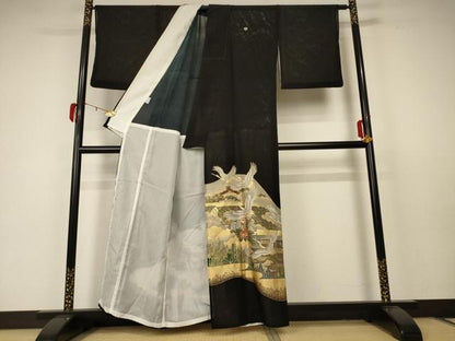 平和屋着物＊夏物 黒留袖 絽 風景舞鶴文 金彩 正絹 逸品 AABC1918jd