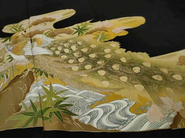 平和屋着物■豪華黒留袖 刺繍 雲取り孔雀松文 金彩 正絹 逸品 AABC1964nf